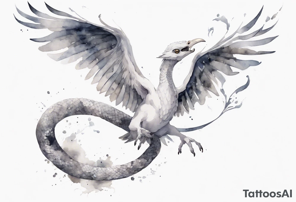 a white bird-serpent hybrid, wearing a small grey crown on its head, flying in the air tattoo idea