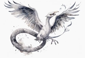 a white bird-serpent hybrid, wearing a small grey crown on its head, flying in the air tattoo idea