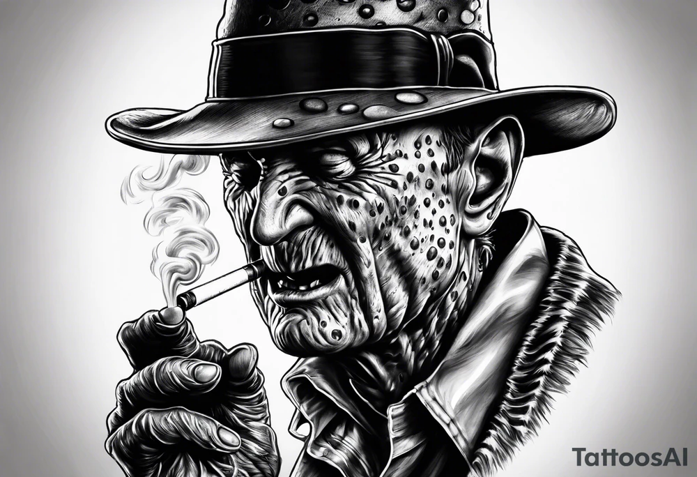 Realistic horror movie Freddy Krueger smoking out of a bong tattoo idea