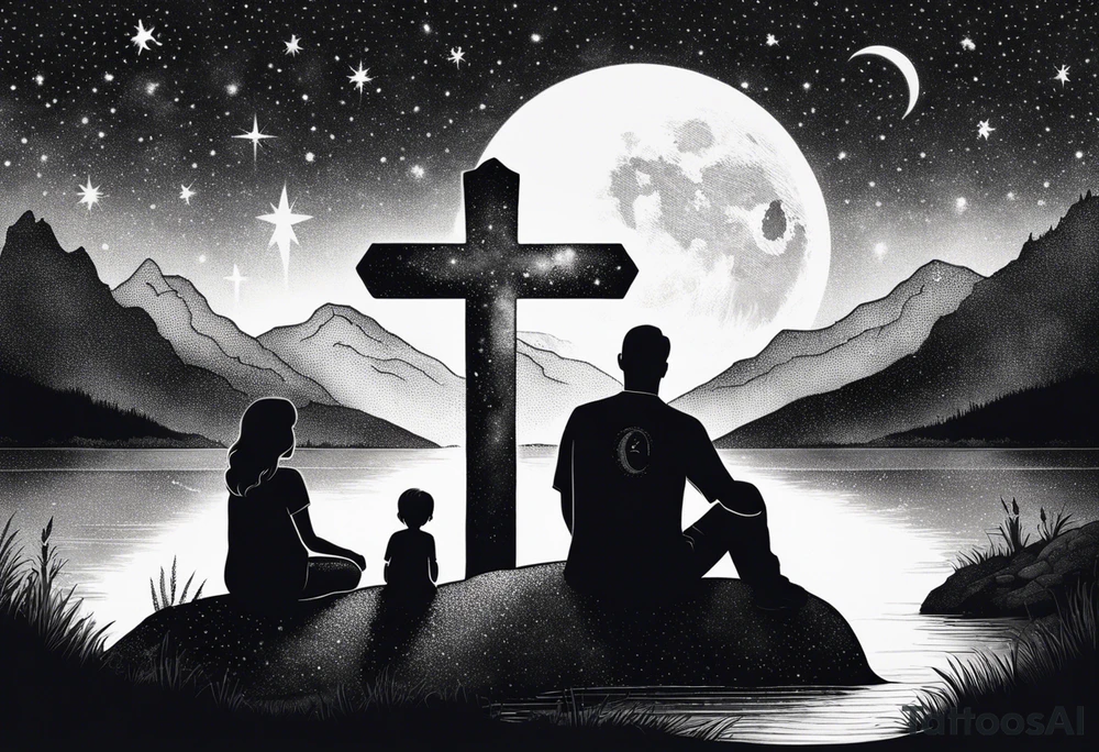 a family of three sitting in a nature with mountains, waterfall, water, and a cross in the background and and moon in the sky with stars tattoo idea