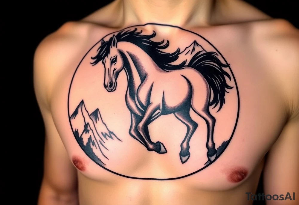 A golden mustang horse with black mane and legs, captured in motion inside a circle. The mountains and nature should frame the design, blending with the horse's black fur as a base to represent the landscape. Experiment with using the black fur to shape the mountains, playing with edges or interior details. tattoo idea