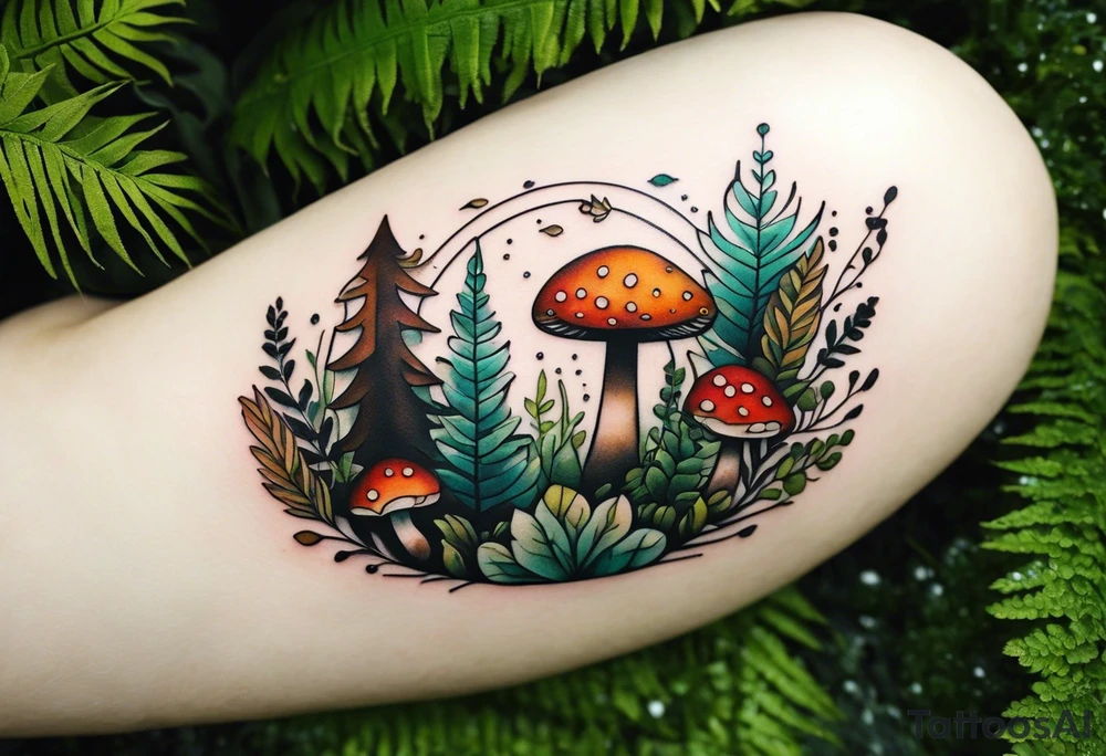 minimalistic forest floor inspired tattoo, which includes grass, moss, curly ferns and dead leaves as the bulk of the tattoo. details to include: forest berries, couple of very small brown mushrooms, a tiny bumblebee flying nearby tattoo idea