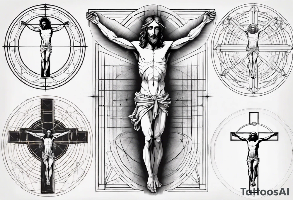 Geometric Vitruvian man with light lines in the background and Jesus on the cross in front tattoo idea