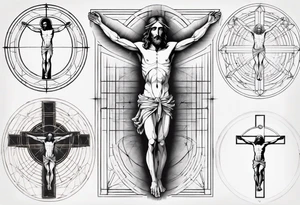 Geometric Vitruvian man with light lines in the background and Jesus on the cross in front tattoo idea