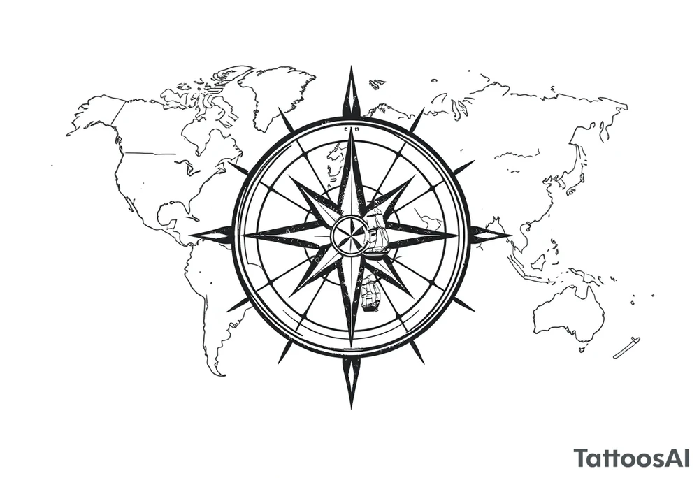 antique compass rose overlaid on weathered world map with sailing ships tattoo idea
