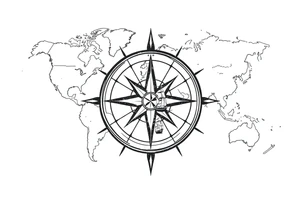antique compass rose overlaid on weathered world map with sailing ships tattoo idea