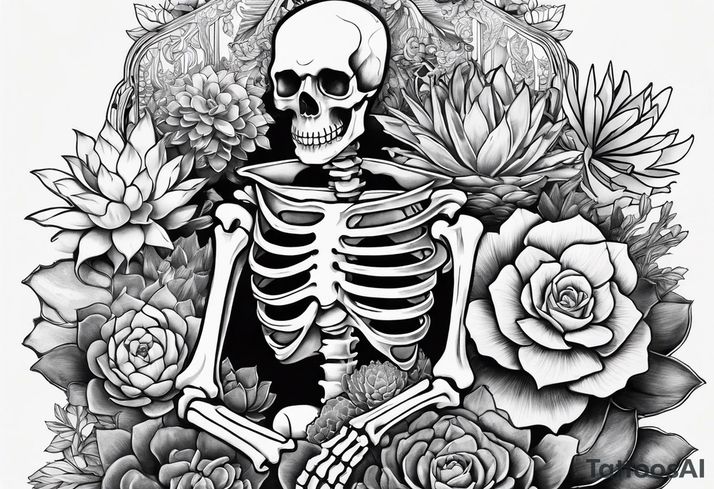 A skeleton as a statue, surrounded by succulents tattoo idea