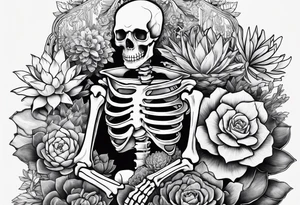 A skeleton as a statue, surrounded by succulents tattoo idea