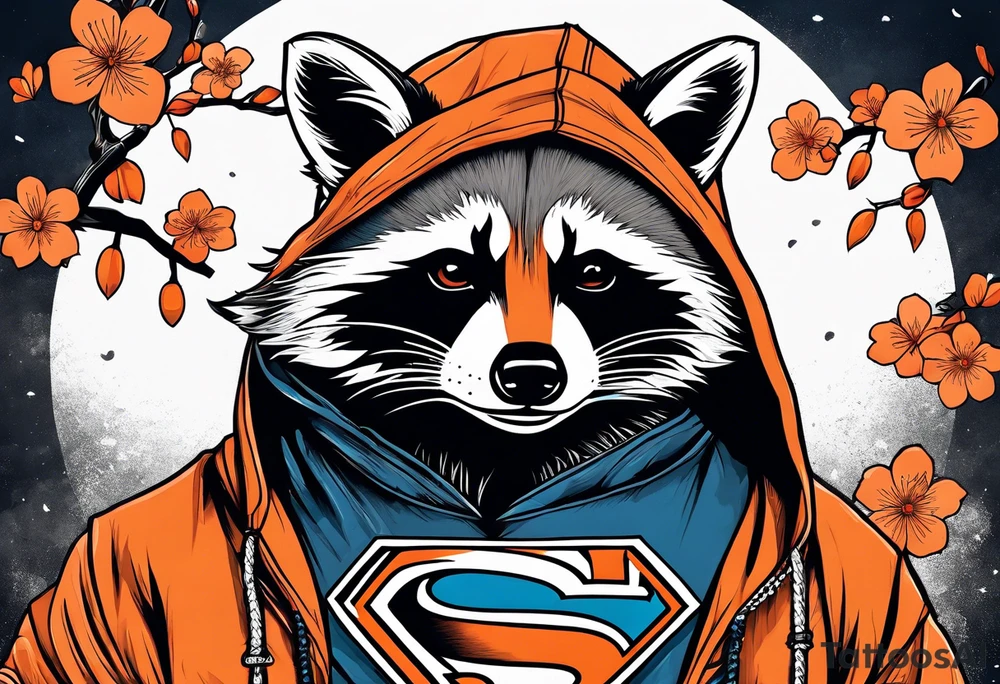 raccoon wearing a black and white Superman hoodie and orange Japanese cherry blossoms tattoo idea