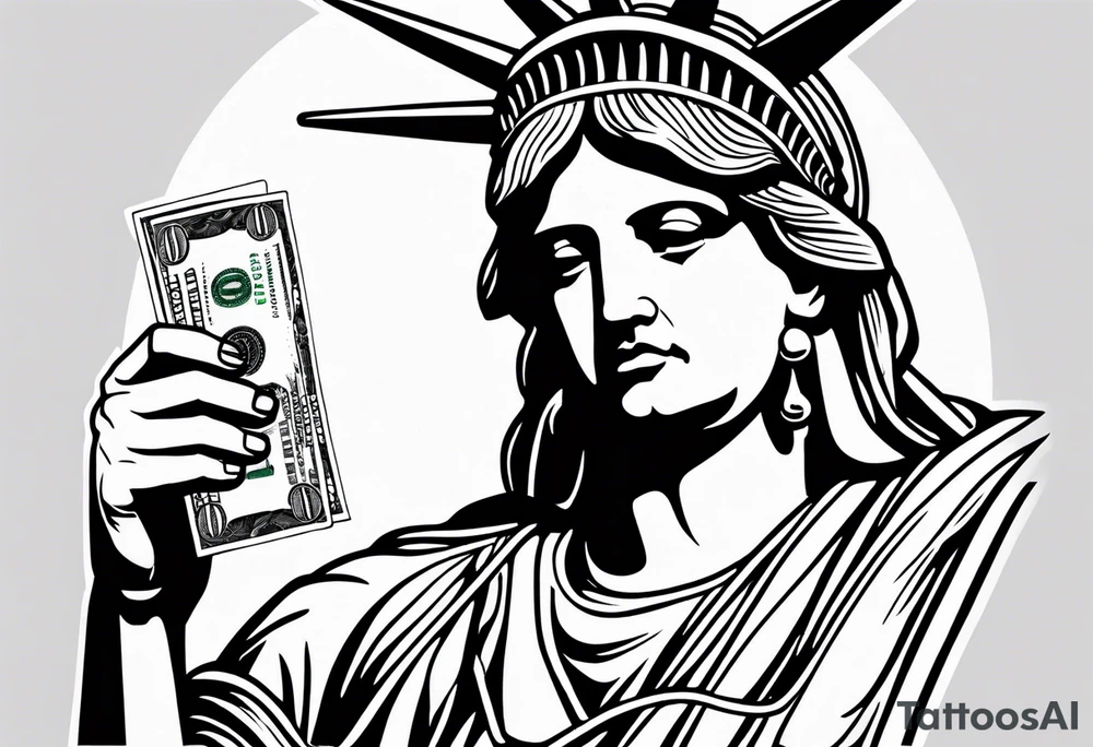 Statue of liberty in handcuffs holding money in his hands tattoo idea