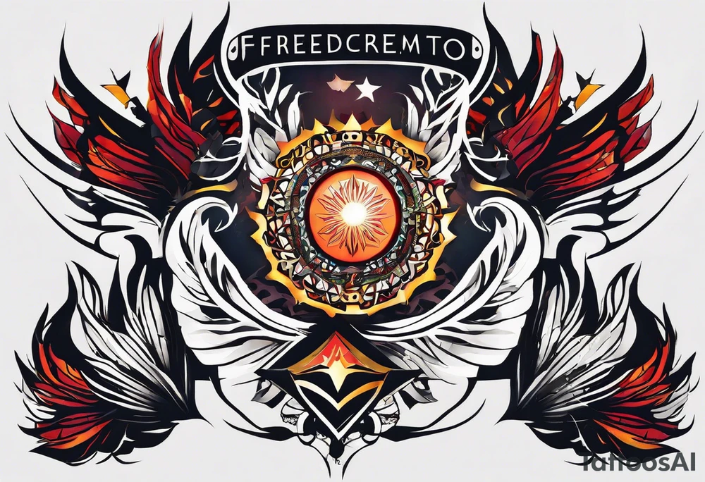 Wide tattoo that appears to be bursting out of the skin, symbolizing freedom. The tattoo should be vibrant and dynamic, with bold lines and colors that evoke a sense of liberation and empowerment. Consider incorporating elements such as broken chains, or other symbols of freedom. The tattoo should be visually striking and thought-provoking, inviting the viewer to reflect on the importance of personal freedom. tattoo idea