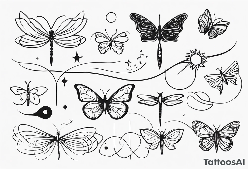 Fine line spine tattoo, butterflies, dragonflies, moons, motivational quote and other unique sketches tattoo idea