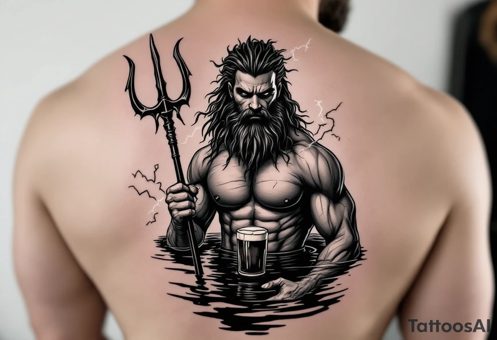 young, fit poseidon in calm water, behind a trident, holding a beer, with lightning tattoo idea