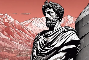 A statue of Marcus Aurelius looking toward the observer in a 25 degree angle. The bottom left part of the statue is broken. The Background are mountains in a red hue. tattoo idea