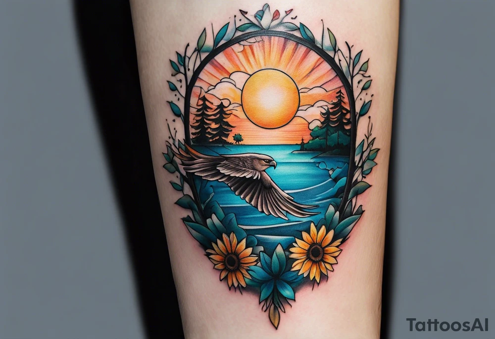 Small inside arm tattoo. Black kite (Daya's name), nature (trees/sea), small sunflower. Soft colours tattoo idea