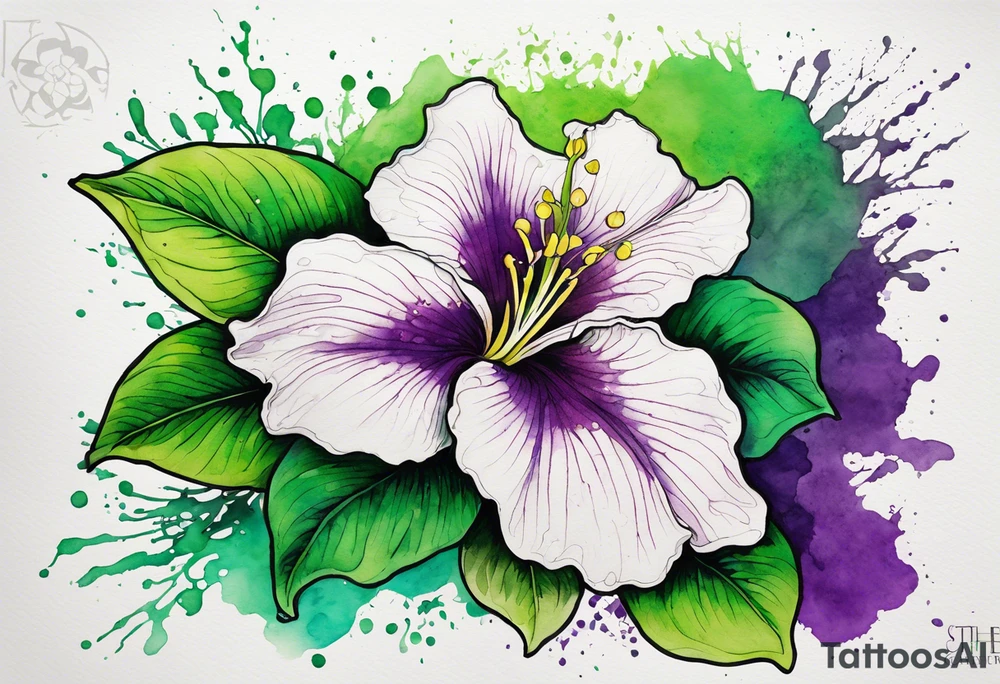 An outline of an only green rio dipladenia flower and a green and purple watercolor splash in the background tattoo idea