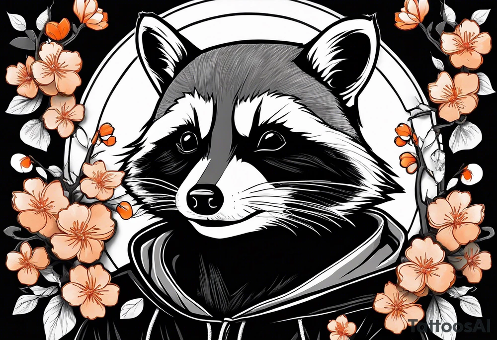 Raccoon wearing a white Superman logo on a black hoodie and orange Japanese cherry blossoms tattoo idea