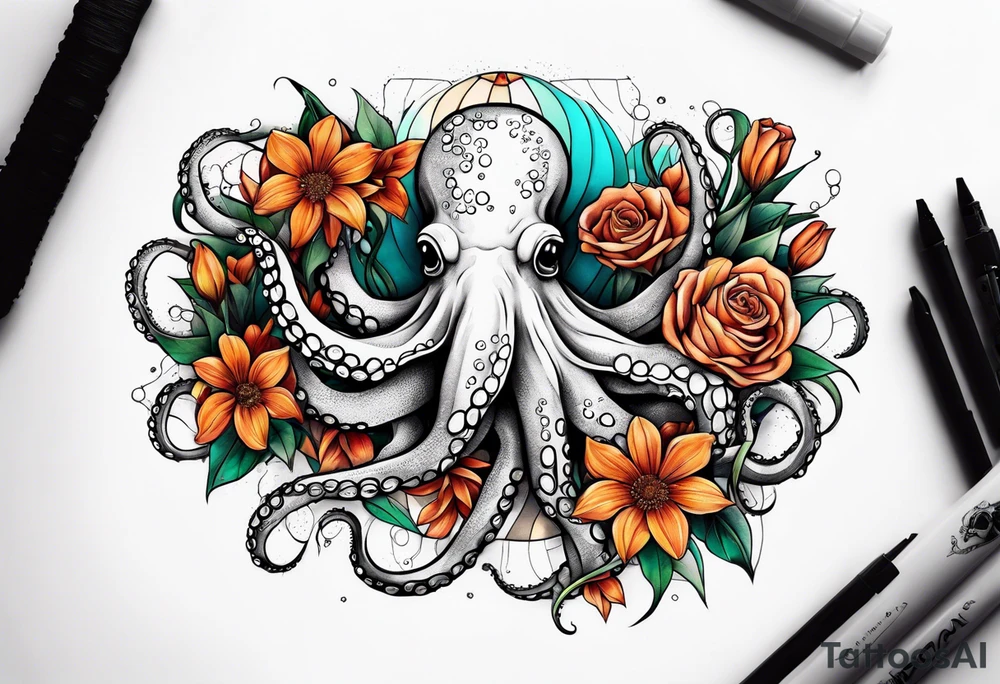 octopus holding flowers tattoo idea