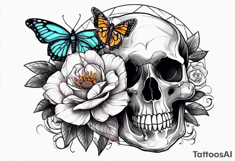 Skull tattoo with a large scorpion, butterflies, and flowers tattoo idea