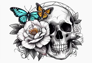 Skull tattoo with a large scorpion, butterflies, and flowers tattoo idea