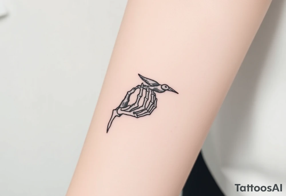 Skeleton hand reaching out of the ocean for a flying swallow tattoo idea