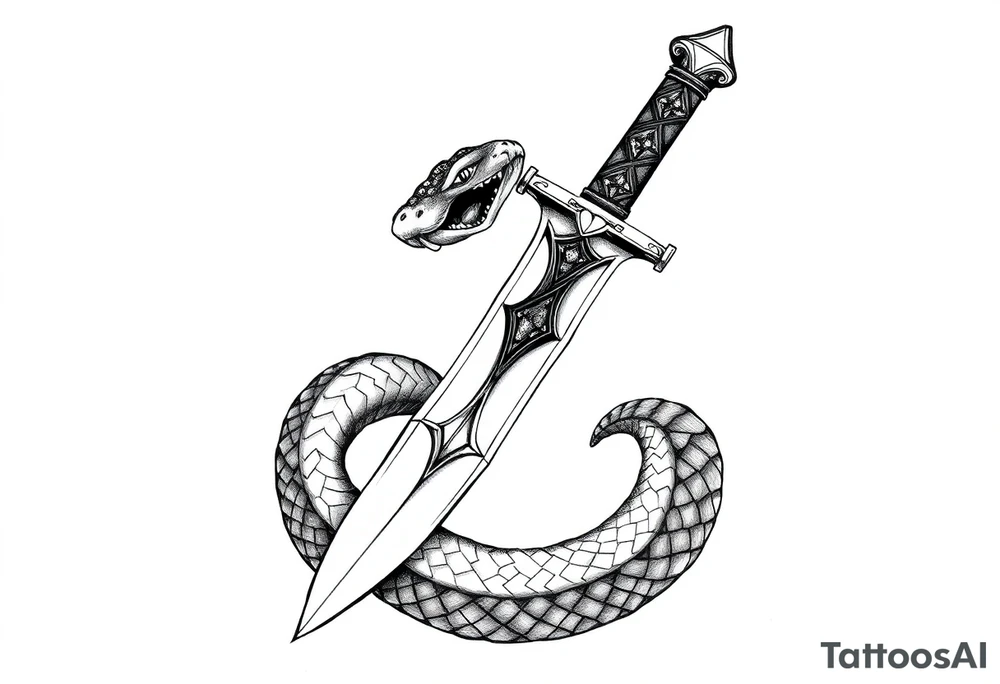 mystical snake coiled around an ancient dagger with jeweled hilt tattoo idea