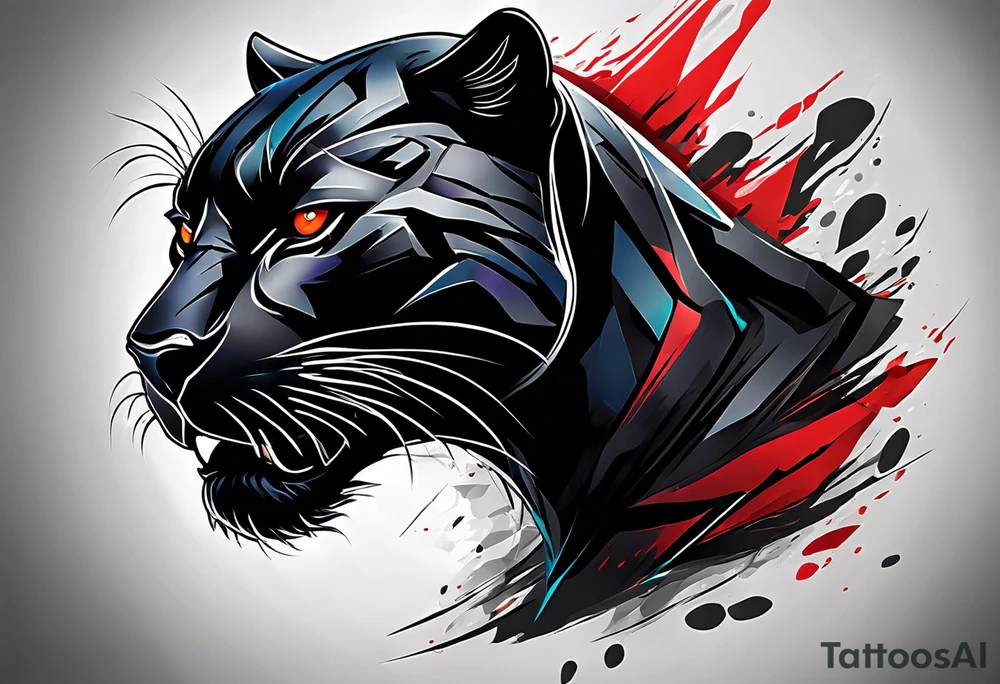 unique black panther tattoo, dynamic pose, showcasing its strength and grace, striking red eyes, intense and captivating elements, artistic flair, blending realism with abstract elements tattoo idea