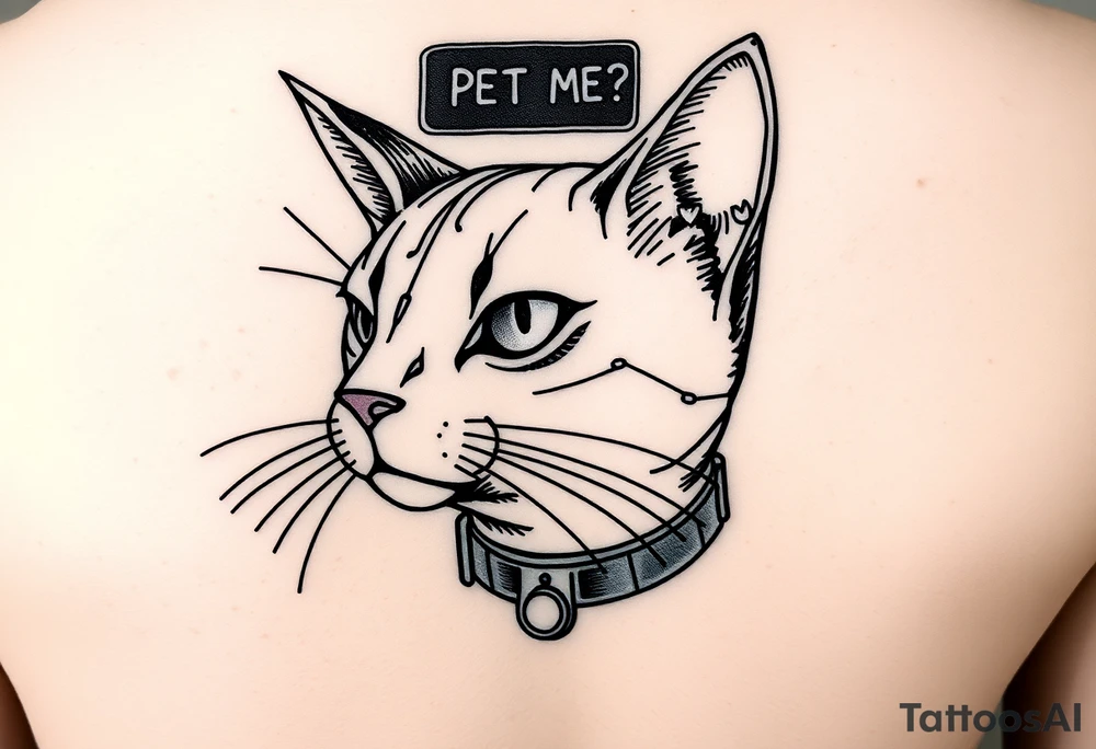 Cybernetic Cat with a Holographic CollarA sleek, cyberpunk cat with one glowing eye and mechanical enhancements.A floating AR display above its head showing "PET ME?"Whiskers made of thin fiber-optic cables. tattoo idea