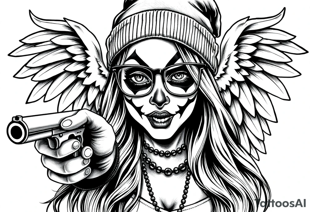 Chicana beautiful long hair clown makeup angel wings thug beanie eyeglasses pointing a gun tattoo idea