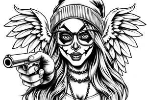 Chicana beautiful long hair clown makeup angel wings thug beanie eyeglasses pointing a gun tattoo idea