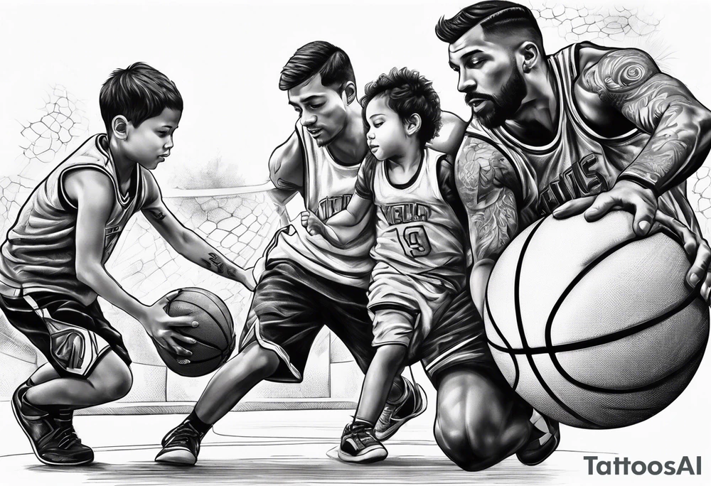 Dad playing basketball with 2 kids tattoo idea