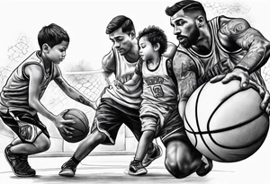 Dad playing basketball with 2 kids tattoo idea