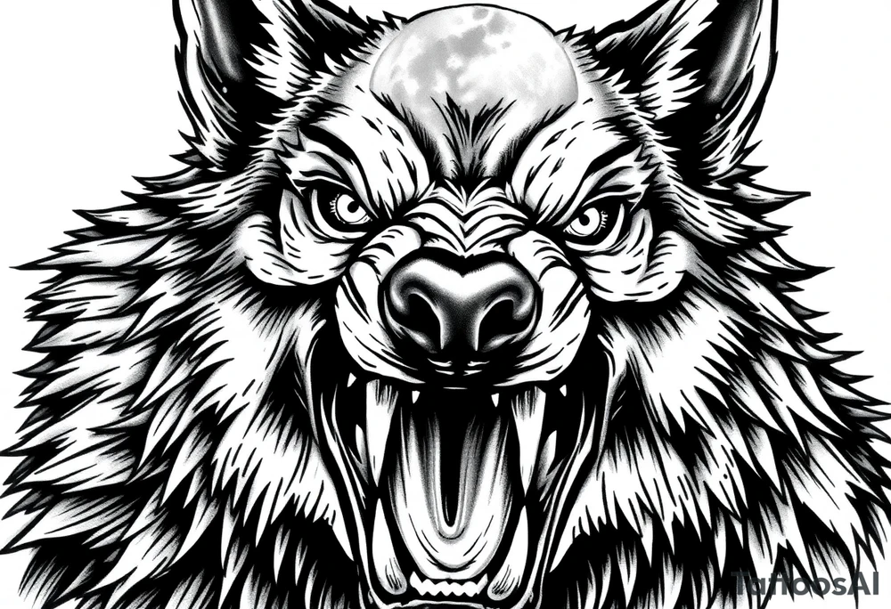 Close-up portrait of a snarling werewolf, sharp teeth bared, glowing eyes,moon tattoo idea