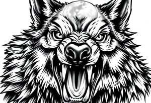Close-up portrait of a snarling werewolf, sharp teeth bared, glowing eyes,moon tattoo idea