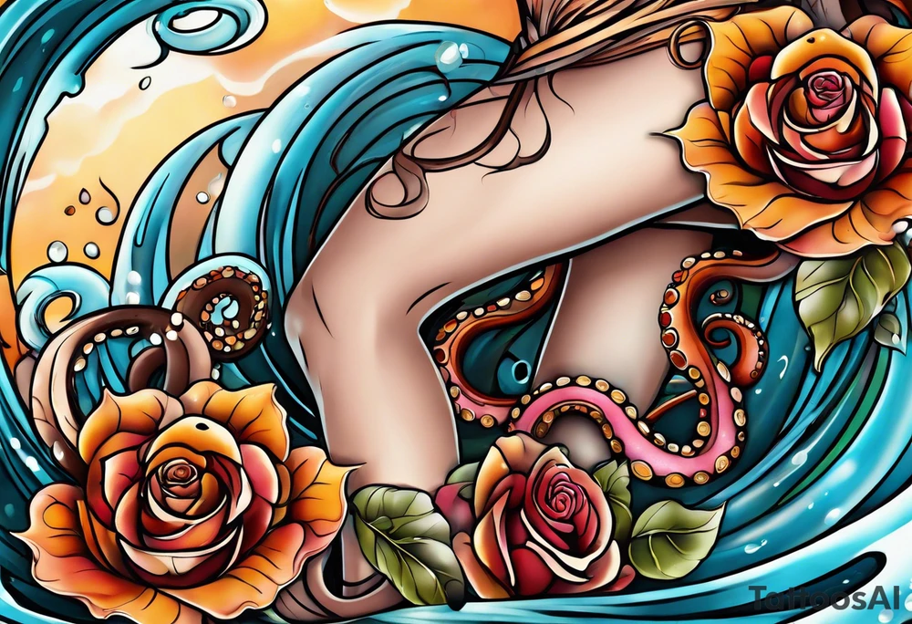 abstract left thigh tattoo with an octopus in water swirls wrapping around rocks, a rose, in fall colors with some small leaves and fall elements tattoo idea