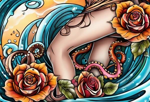 abstract left thigh tattoo with an octopus in water swirls wrapping around rocks, a rose, in fall colors with some small leaves and fall elements tattoo idea