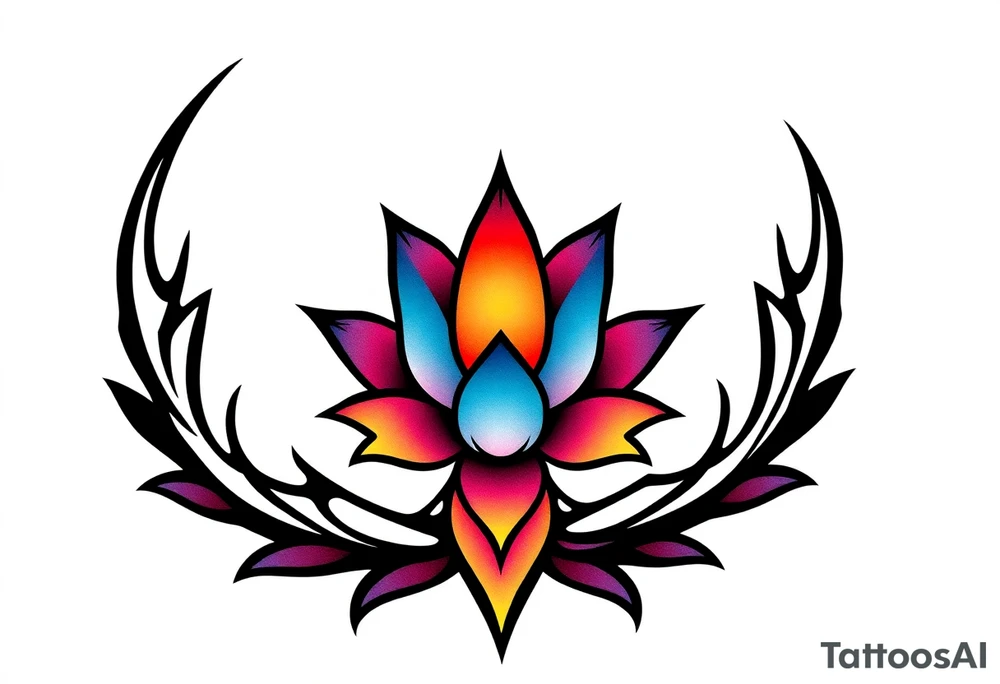 small colorful crescent moon with lotus flower tattoo idea