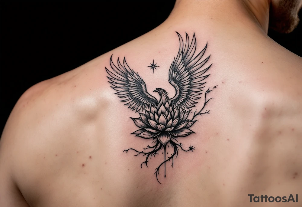 Fine thin lines very small minimalist tattoo combo of phenix and lotus tattoo idea