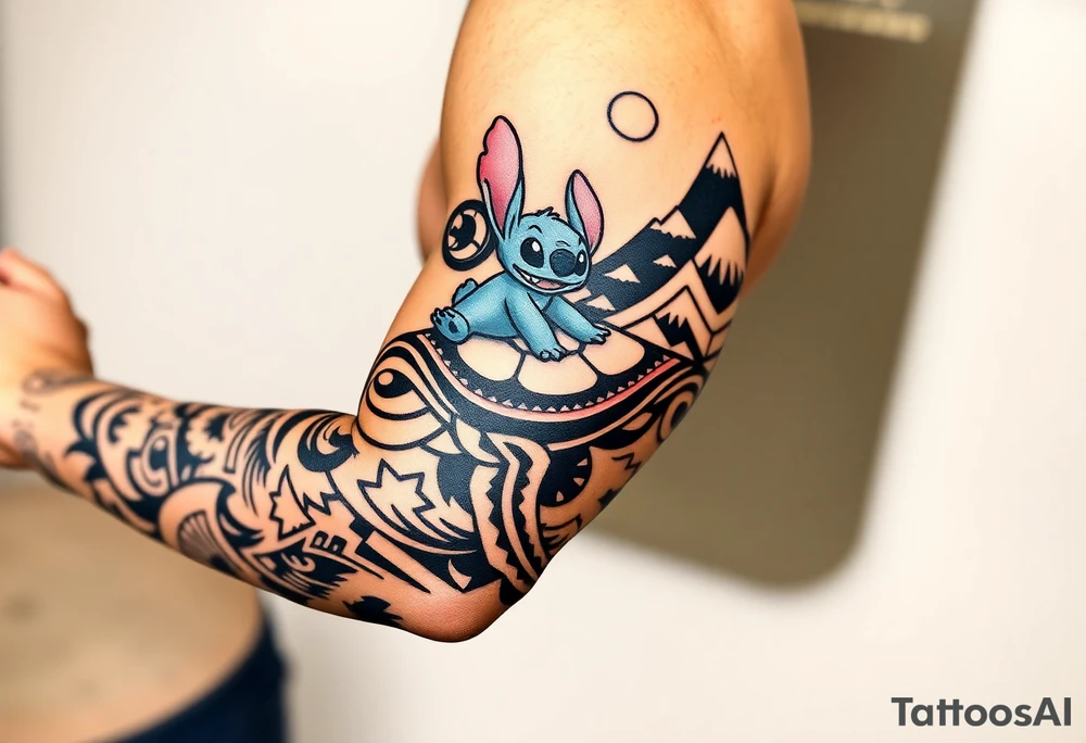 half sleeve, lilo and stitch riding on a turtle, waves, mountains, and then on other side, moana with maui heihei and pua on their boat tattoo idea