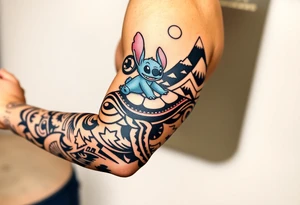 half sleeve, lilo and stitch riding on a turtle, waves, mountains, and then on other side, moana with maui heihei and pua on their boat tattoo idea