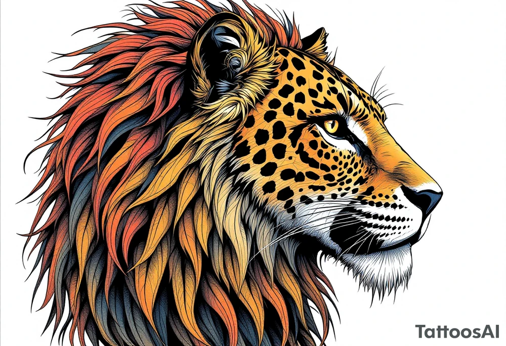 a mix the nemean lion, ancient Egyptian and roman mythology, and a leopard, combined with the sun and French pattern, facing left in profile tattoo idea