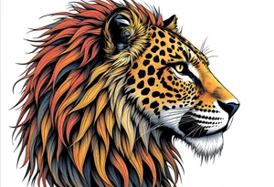 a mix the nemean lion, ancient Egyptian and roman mythology, and a leopard, combined with the sun and French pattern, facing left in profile tattoo idea