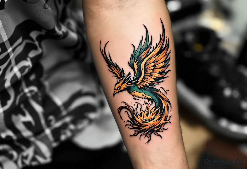 A green and yellow phoenix rising from flames embodies rebirth and freedom. tattoo idea
