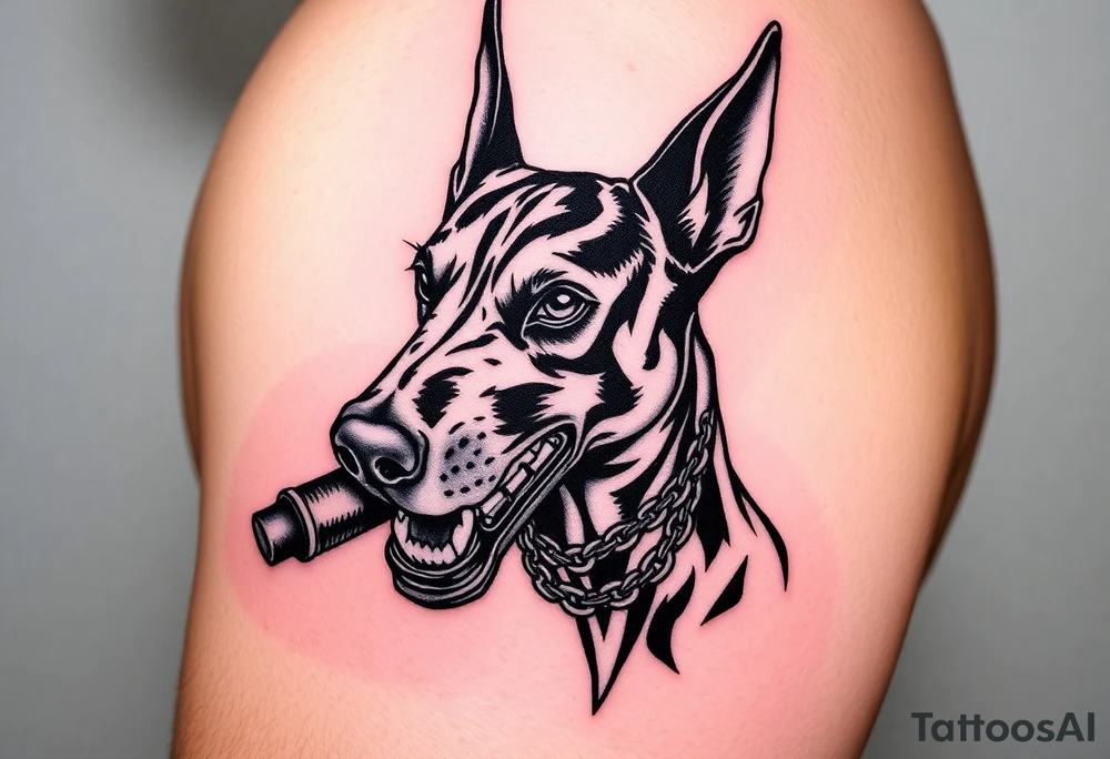 Angry doberman with a cigar and gold chain tattoo idea