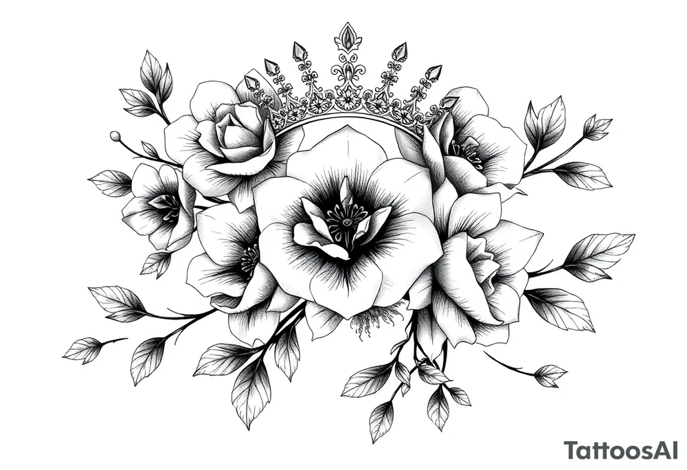 detailed beautiful gothic boho flowers on vine with gorgeous crown ornamental tattoo idea