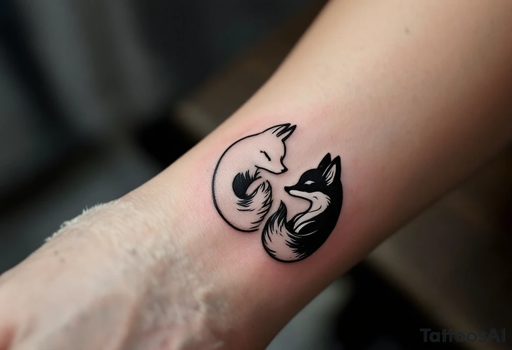 A black and white yin-yang formed by curled foxes on each partners wrist tattoo idea