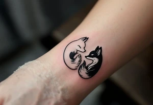 A black and white yin-yang formed by curled foxes on each partners wrist tattoo idea