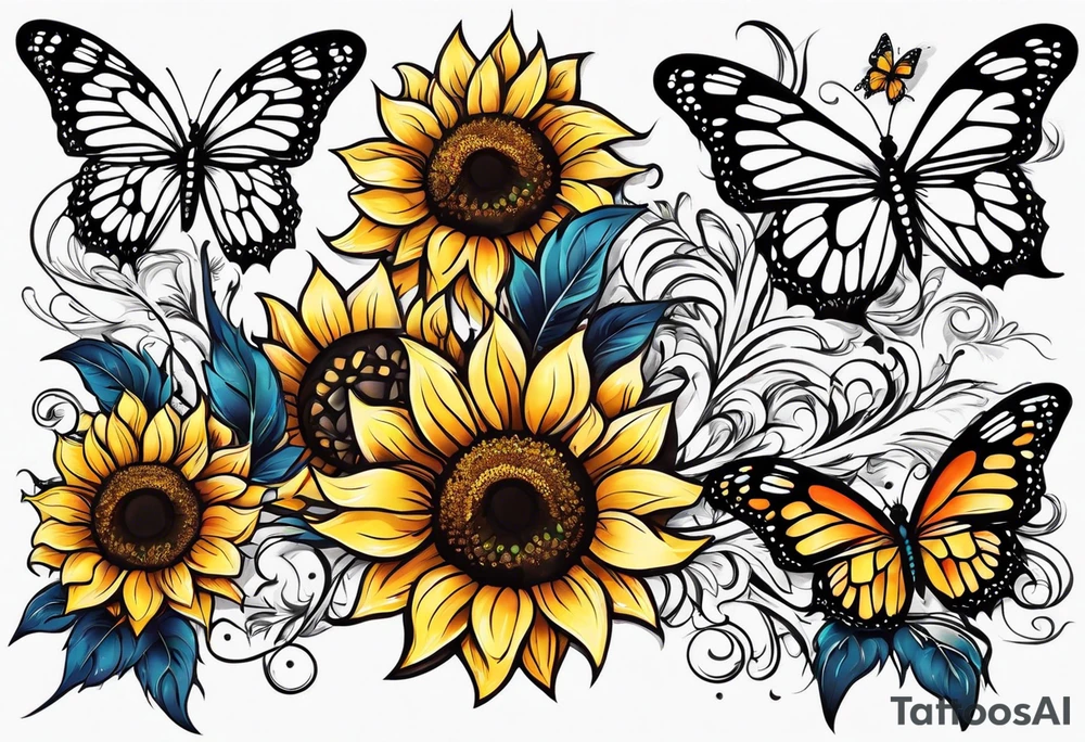 Sunflower and butterfly leg sleeve tattoo idea