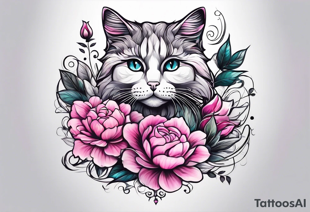 pink flower with floating cat tattoo idea