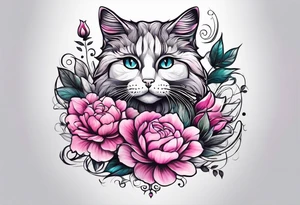 pink flower with floating cat tattoo idea